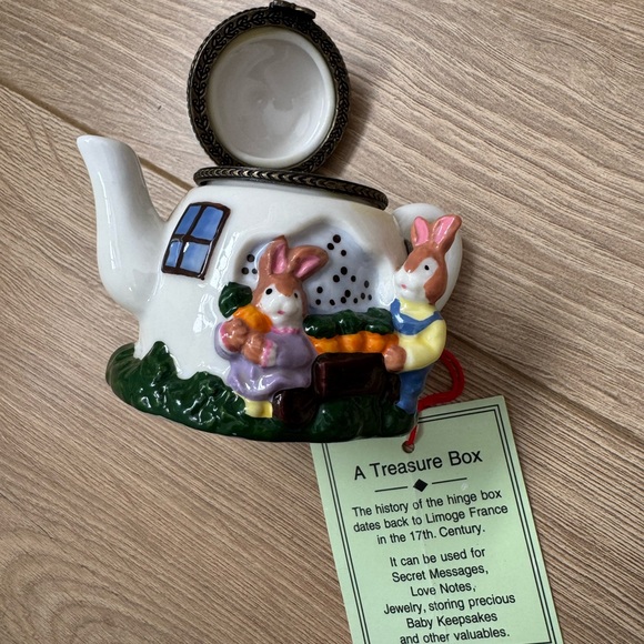 2 Vintage Teapot Trinket Boxes Hinged Porcelain –Floral & Rabbit Cottage Decor - Picture 3 of 9